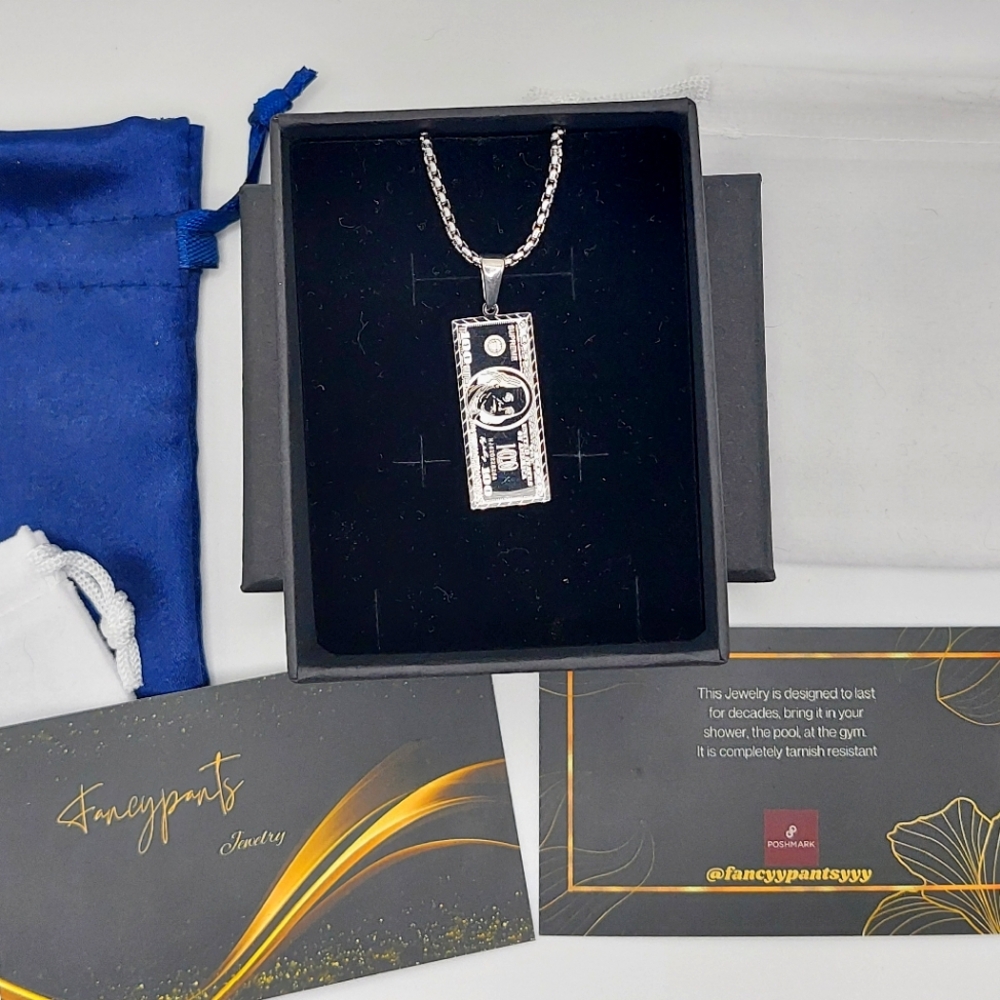 Silver 100 Dollars US American Necklace Pendant + 18K Gold Plated Chain